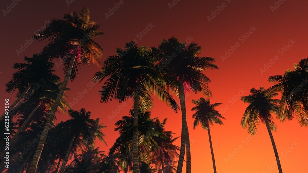 silhouettes of palm trees against the sky, tropical trees in the sky, 3d rendering