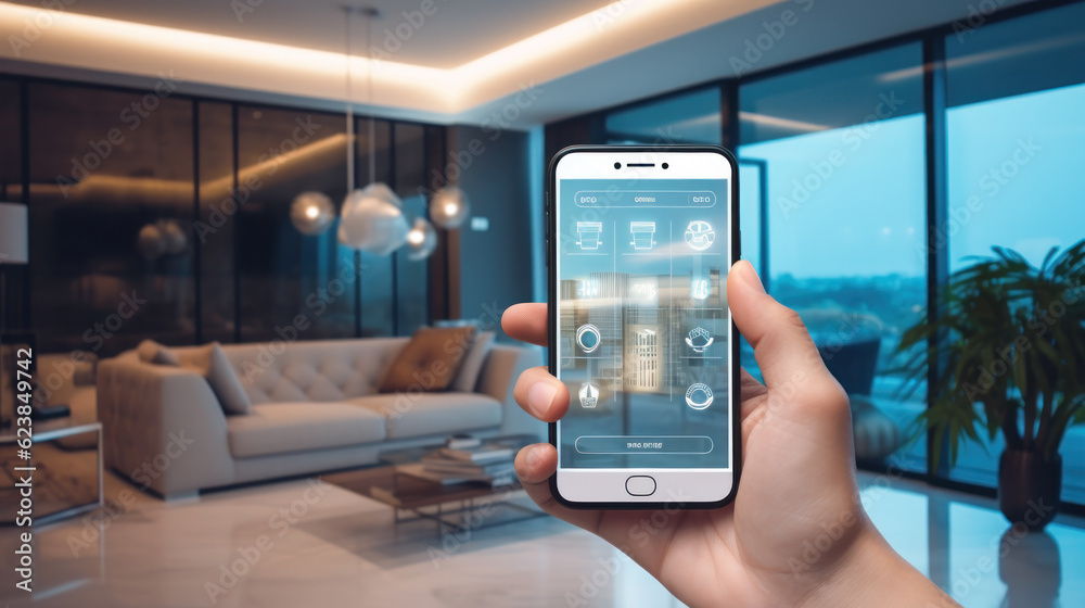 mobile phone with apps on smart home in modern dining room mobile phone with apps on smart home in modern dining room
