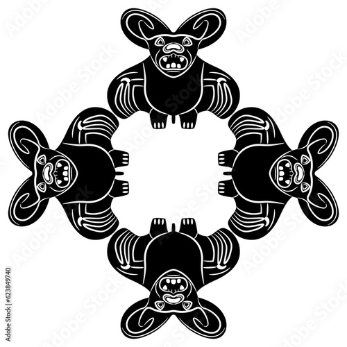 Geometrical design or decorative animal frame with four stylized bats. Ancient Peruvian Mochica art. Native American ethnic motif of Moche Indians. Black and white silhouette.