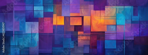 Abstract geometric shapes in bold hues intersect and overlap  generating a captivating mosaic background. Generative AI