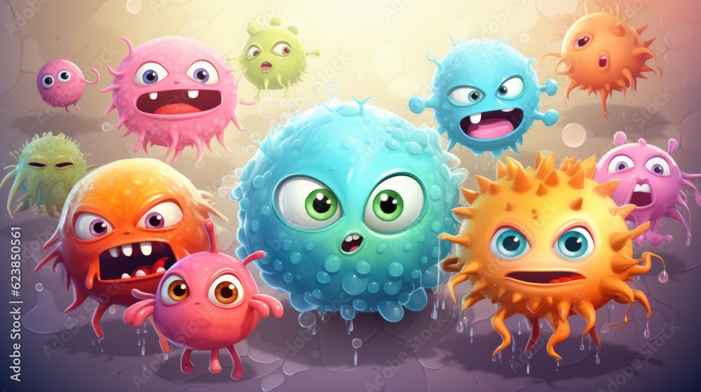 Fototapeta premium Cartoon virus, bacteria, germs, microorganism. Generative AI.
