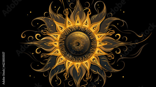 An ornate golden sun on a black background, in the style of realism with fantasy elements, baroque energy, kinuko y. craft, arabesque/scroll, warmcore, realistic depiction of light, fantasy illustrati photo