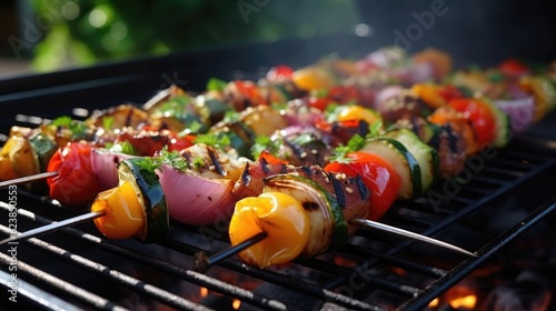 
Grilled vegetable skewers on barbecue grill outdoors, closeup view. Generative AI.
