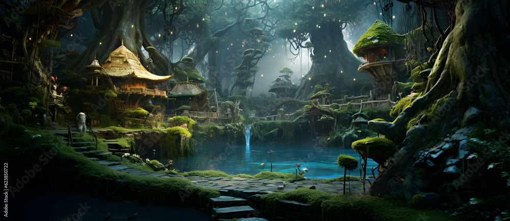 a scene with mossy structures and little houses Generated by AI