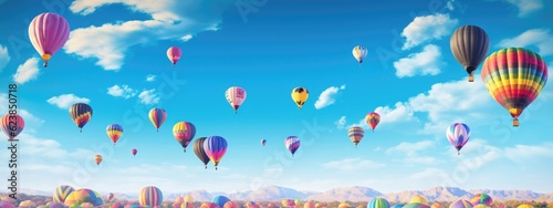 Colorful hot air balloons dot the clear blue sky, transforming it into a whimsical balloon-filled background. Generative AI