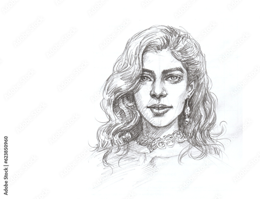 portrait of a girl pencil drawing for card decoration illustration
