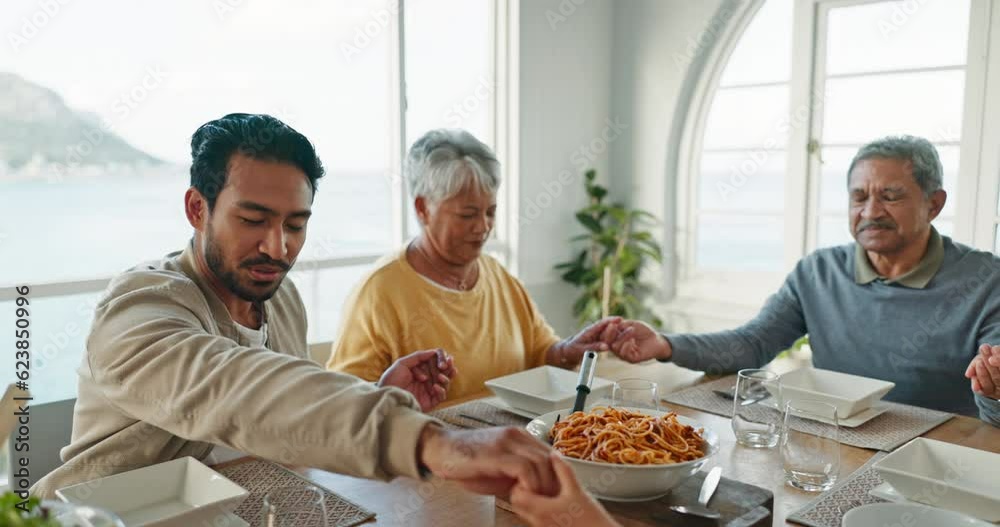 Family, praying and eating food with gratitude, faith and respect, bonding over lunch with grandparents, parents and kids. Happiness, nutrition and worship, religion and God, love and people at home