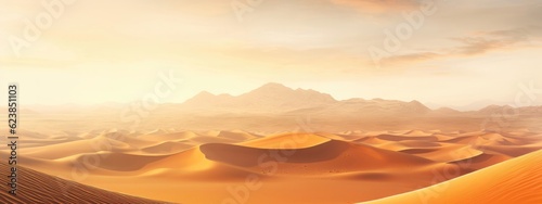 Golden sand dunes undulate across a vast desert landscape, composing a mesmerizing sandy background. Generative AI