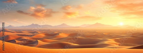 Golden sand dunes undulate across a vast desert landscape, composing a mesmerizing sandy background. Generative AI