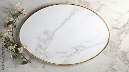 An elegant oval marble frame with a subtle golden trim and negative copy space, exuding a sense of grace and luxury in your marketing or branding materials. Generative AI.