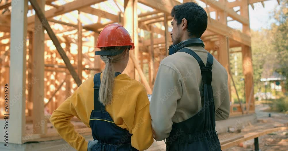 two architects with folder in his hands talking about project outdoors Slow motion Rare back view male female workers holding plan blueprint paper at construction site, planning new building project. two architects with folder in his hands talking about project outdoors Slow motion Rare back view male female workers holding plan blueprint paper at construction site, planning new building project.
