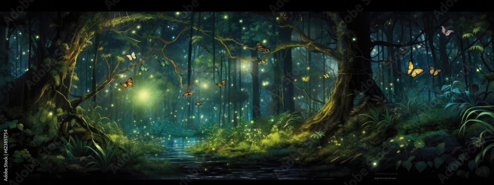 Luminous fireflies dance among lush green foliage, forming an enchanting nocturnal forest background. Generative AI