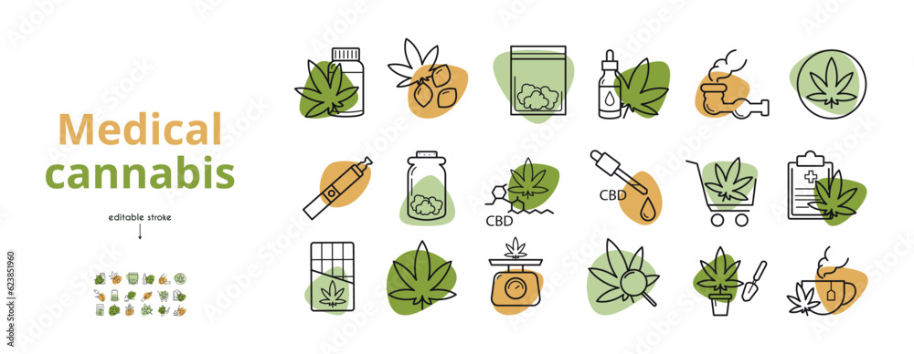 Medical marijuana set of linear icons. Medicine, cannabis seeds, prescription, cannabis oil, tea, chocolate. Cannabis store