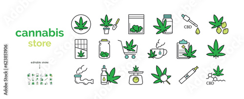 Photo Set of vector line icons of cannabis store