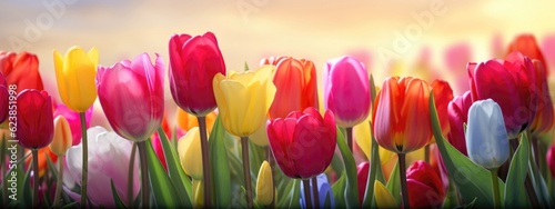 Rows of vibrant tulips stretch across a sun-kissed meadow, composing a vivid floral background. Generative AI