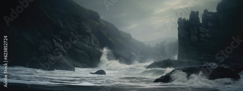 Waves crash against weathered cliffs  crafting a dramatic coastal background. Generative AI