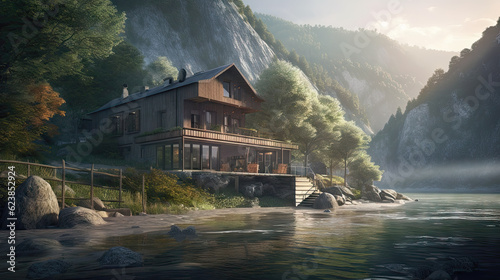 Beautiful villa on the lake with mountains in the background, 8k, generative ai