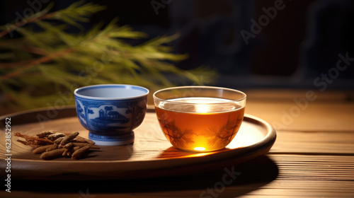 Traditional Healthy Chinese Tea Served in Blue Porcelain Cup with Warm Wooden Tone Background and Decorative Herbs. With Licensed Generative AI Technology Assistance.