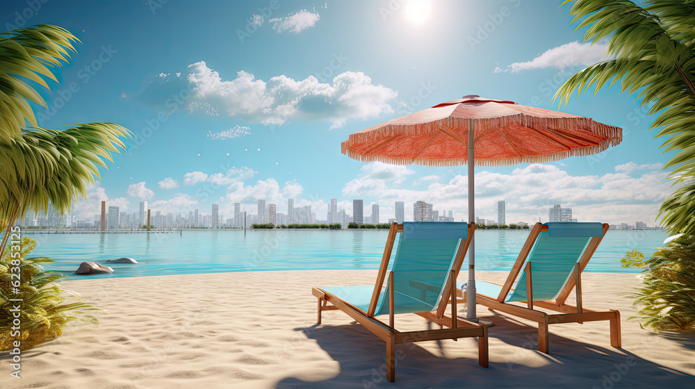 deck chair with an umbrella on a beautiful idealistic sandy beach with palm trees, sea and grid in the distance, 8k, generative ai
