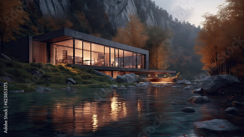 Beautiful villa on the lake with mountains in the background, 8k, generative ai