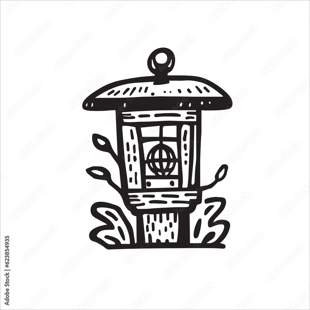 Embrace the allure of the East with this black and white doodle of a garden lantern, exuding timeless elegance and tranquility. Vector illustration. Embrace the allure of the East with this black and white doodle of a garden lantern, exuding timeless elegance and tranquility. Vector illustration.
