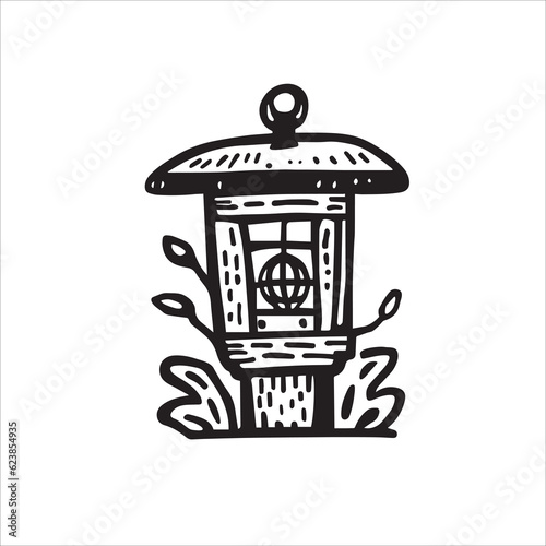 Embrace the allure of the East with this black and white doodle of a garden lantern, exuding timeless elegance and tranquility. Vector illustration. photo