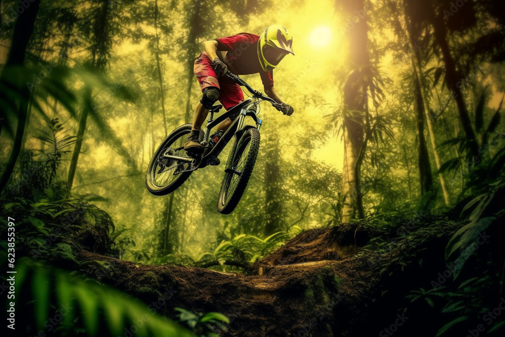 Naklejka premium person riding a bike in the forest generative AI