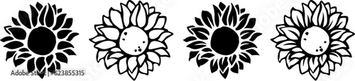 Set of sunflowers silhouettes. Black silhouettes of sunflowers isolated on a white background. Vector illustration