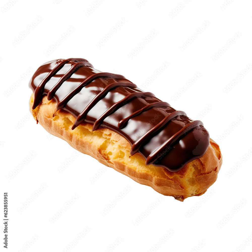 A delicious french chocolate eclair pastry with chocolat sauce isolated on a transparent background A delicious french chocolate eclair pastry with chocolat sauce isolated on a transparent background