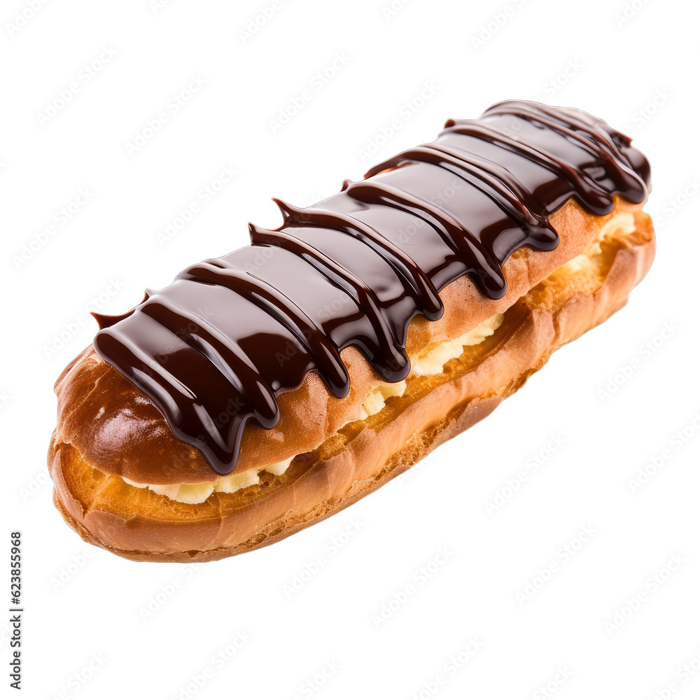 A delicious french chocolate eclair pastry with chocolat sauce isolated on a transparent background A delicious french chocolate eclair pastry with chocolat sauce isolated on a transparent background