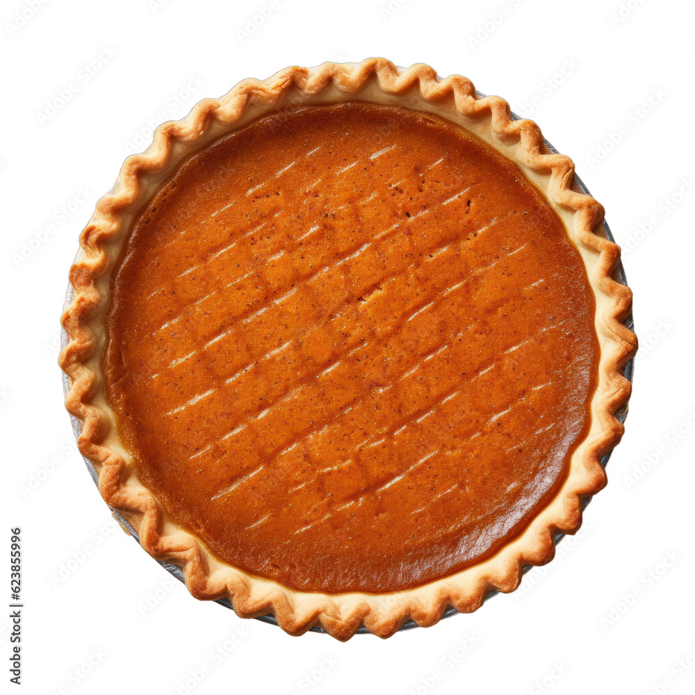 A full pumpkin pie seen from above, top view isolated on a transparent background - obrazy, fototapety, plakaty 