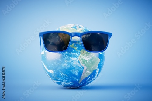 The concept of global warming. planet Earth wearing sunglasses on a blue background. 3D render