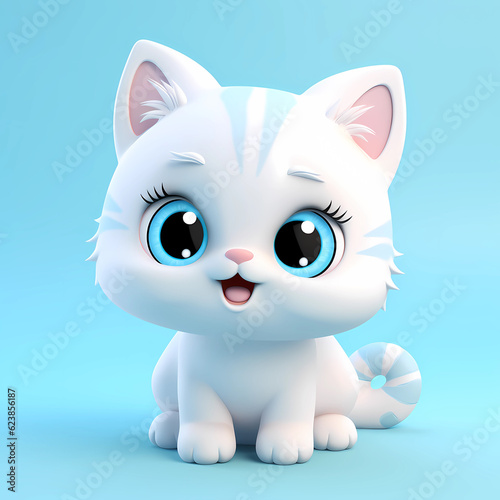 Cute White Cat baby illustration in minimalistic 3D cartoon style on solid light background. Generative AI