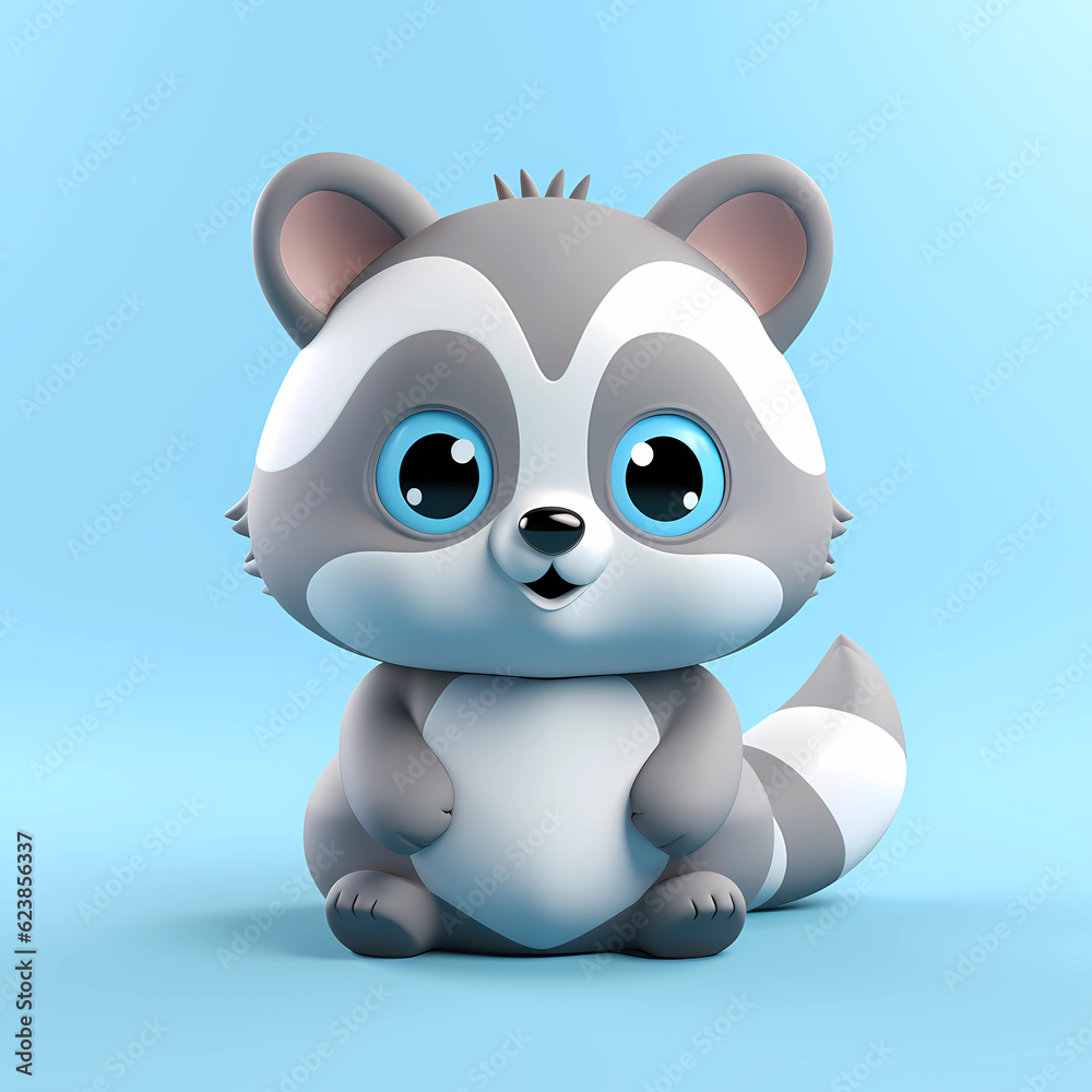 Cute Raccoon baby illustration in minimalistic 3D cartoon style on solid light background. Generative AI Cute Raccoon baby illustration in minimalistic 3D cartoon style on solid light background. Generative AI