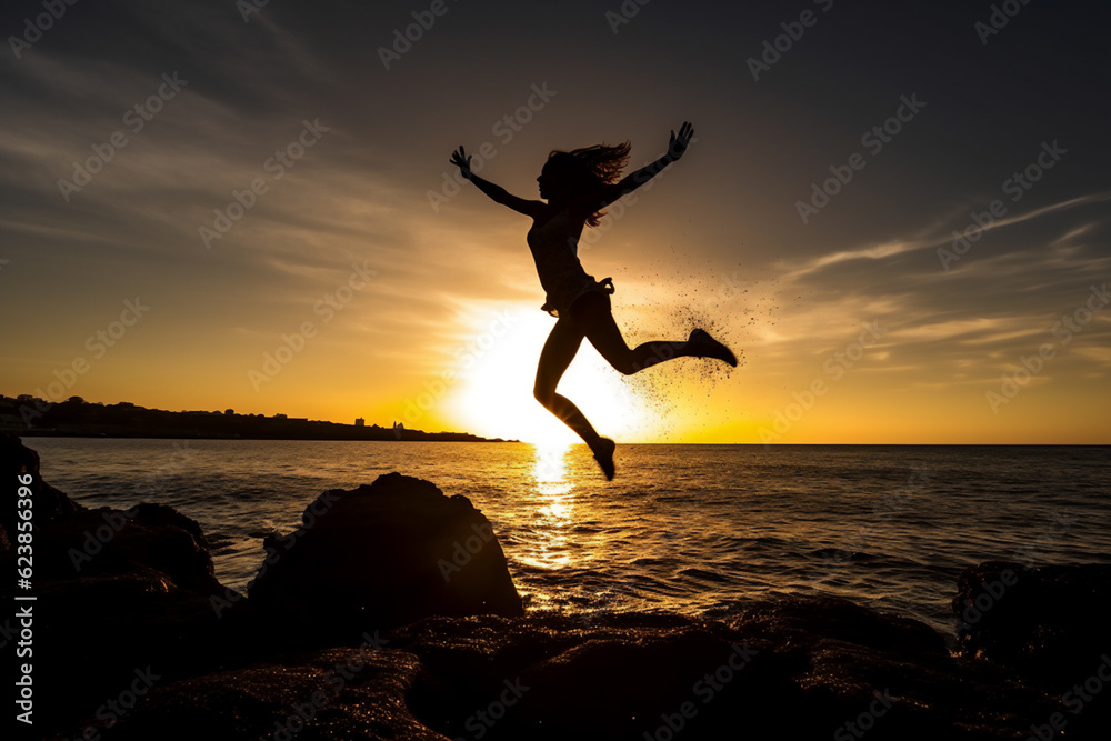 silhouette of a person jumping on the beach at sunset generative AI