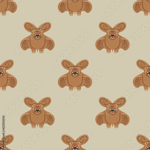 Seamless animal pattern with stylized bats. Ancient Peruvian Mochica art. Native American ethnic design of Moche Indians. On white background.