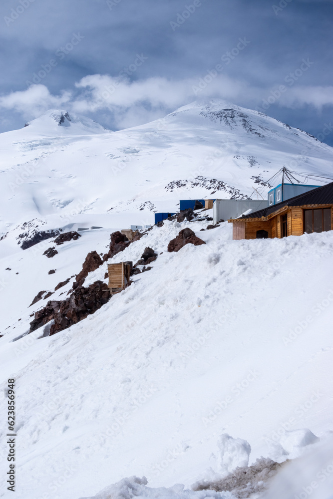 Elbrus / Russia - June 2023: Wooden house in mountains