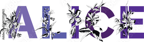 Woman's name Alice. Font composition named ALICE. Decorative floral font. Typography in the style of art nouveau, modern, vintage.