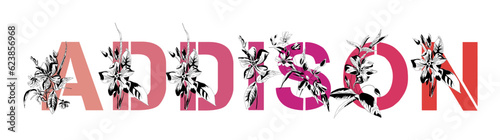Woman's name Addison. Font composition named ADDISON. Decorative floral font. Typography in the style of art nouveau, modern, vintage.