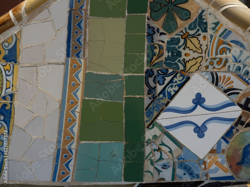 detail of masaic of barcelona park guell spain gaudi masterpiece photo