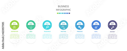 Business infographics line process with template with icons and 7 options or steps.infographics of business aspiration,idea,research,meeting,process,goal,report.for infographics design template