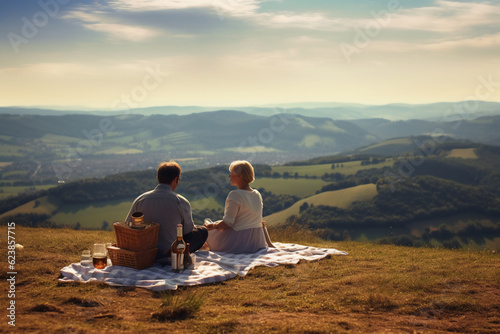 couple sitting on the grass and looking at sunset generative AI