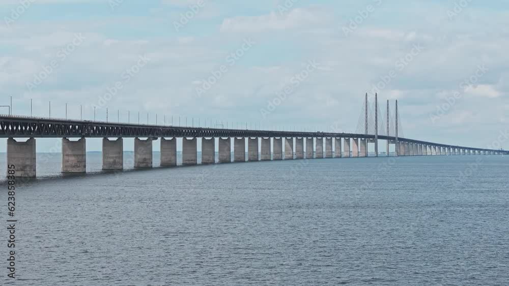 Panoramic aerial close up view of Oresund bridge over the Baltic sea between Malmo city in Sweden and Copenhagen in Denmark. Panoramic aerial close up view of Oresund bridge over the Baltic sea between Malmo city in Sweden and Copenhagen in Denmark.