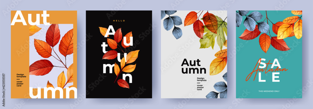 Set of trendy minimal autumn posters or covers with bright beautiful leaves and modern typography. Fall background, Sale banner, or flyer design. Template for advertising, web, social media