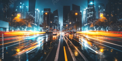 evening city blurred light  car traffic   high buildings  New York background template 