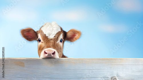 Baby cow peeking out from behind a wooden plank. Banner, space for text. AI generated
