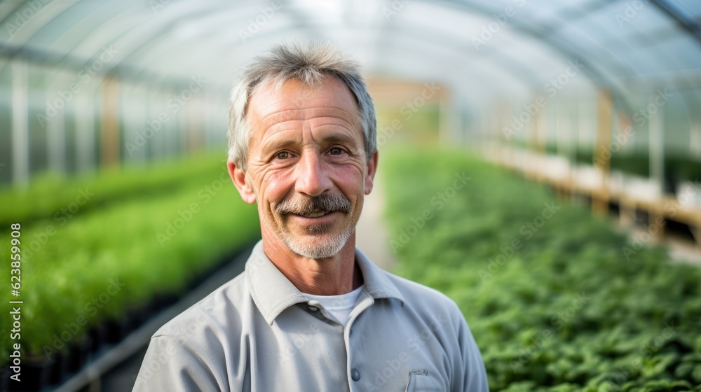 Portrait of a handsome smiling worker in uniform standing in the greenhouse with a green plantation in the background. Generative Ai. Portrait of a handsome smiling worker in uniform standing in the greenhouse with a green plantation in the background. Generative Ai.