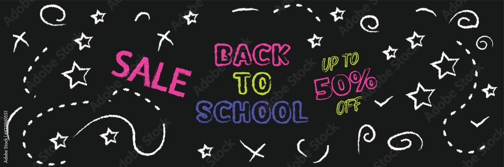 Welcome Back to school horizontal banner. Poster or banner back to school. Sale 70% off back to school. Discounts. Back to school chalkboard with chalk drawings. Neon chalk on chalkboard. Banner for w