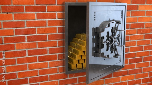 Open safe in a brick wall with gold bars inside. 3D render