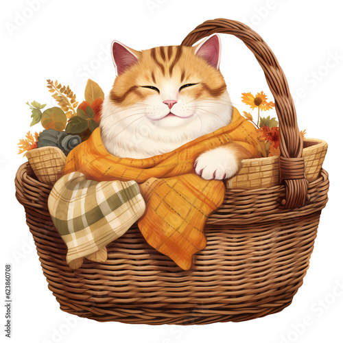 cat in basket cat in scarf with scarf. watercolor illustration. © Aleena